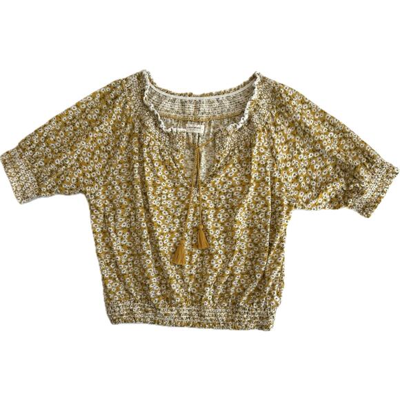 LUCKY BRAND Short Sleeve Tie Front Peasant Top Women's Sz S Yellow Ditsy Floral - Picture 2 of 15